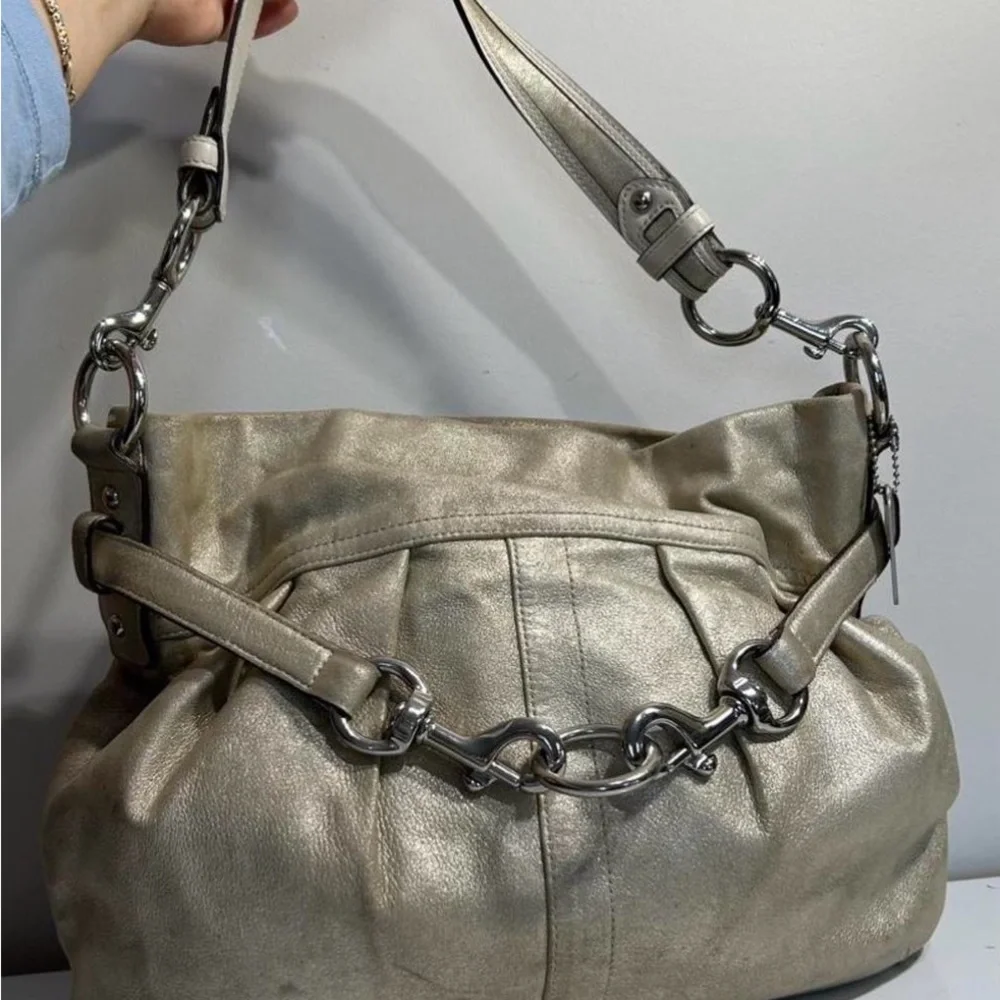 Coach Metallic Taupe Shoulder Bag with Chain Detail - Picture 7 of 7